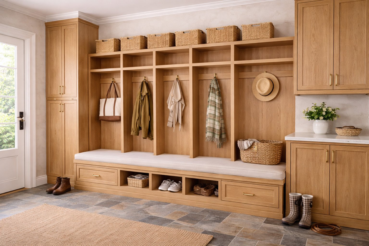 Mudroom storage and custom cabinetry
